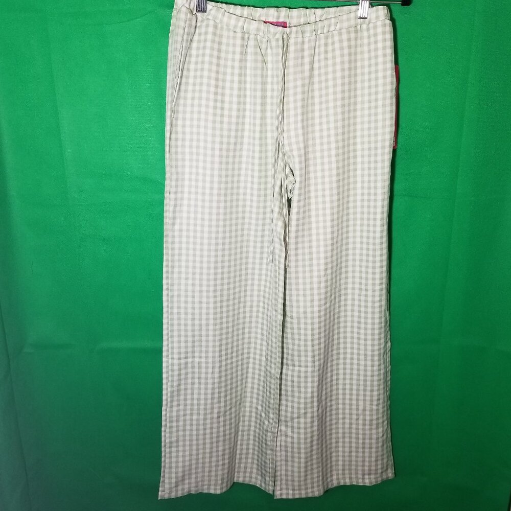 Forever Moda Checkered Green White Wide Leg Pants Flowy Pockets Baggy Sz Med